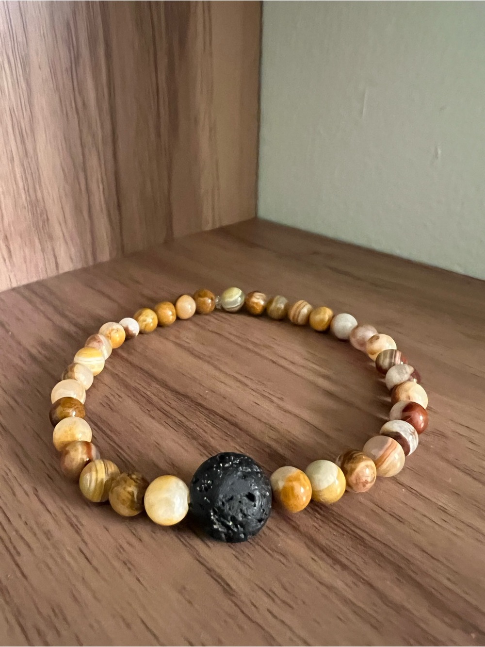 Natural Yellow Agate Beaded Bracelet with Black Lava Stone - Men’s Jewelry